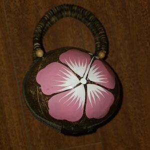 Beautiful Guatemalan Handmade Coconut Shell Purse With Beaded Handle Pink Flower